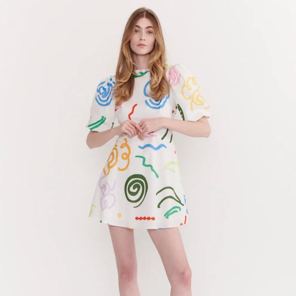 OLIVIA RUBIN Ria White Sketchy Floral Mini Dress White Multi Sz 8 {QQ35}